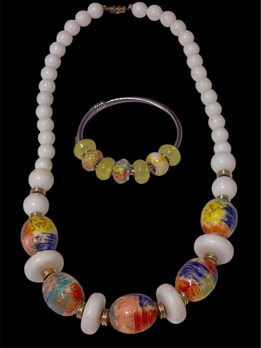 Vintage White Necklace with Multicolor Painted Beads